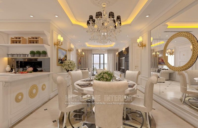 Mẫu bàn ăntân cổ điển với thiết kế độc đáo mặt bàn kính hình tròn kết hợp mẫu ghế gỗ tân cổ điển cao cấp tạo điểm nhấn nổi bật cho căn phòng